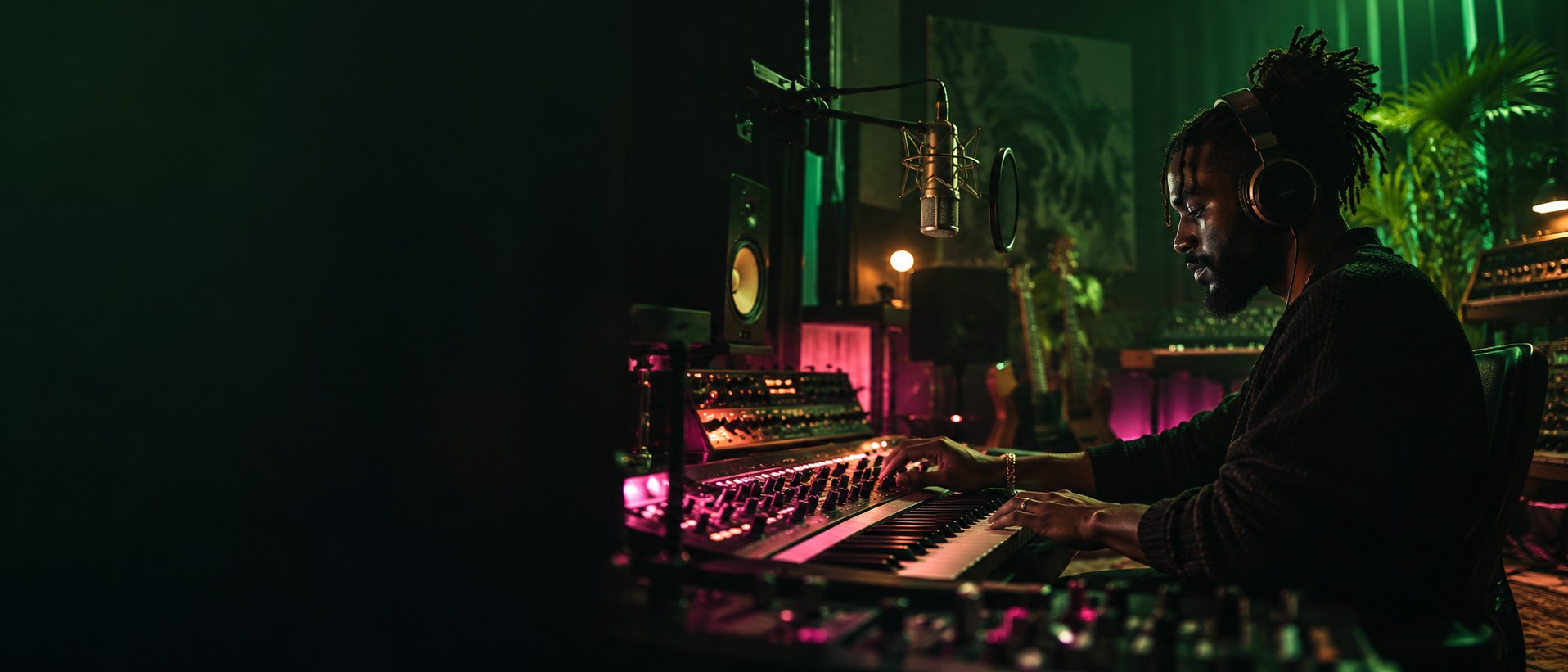 Productor musical con auriculares en un estudio iluminado